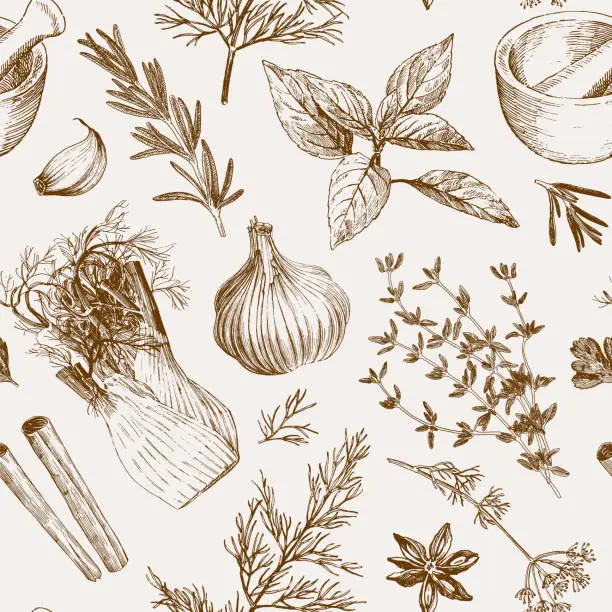 Vector illustration of Herbs and spices sepia seamless pattern