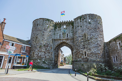 Rye, England - June 13, 2023:The Landgate in Rye town, the last remaining of two gates built to defend Rye from invading forces, England, United Kingdom