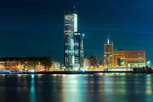 Panoramic view of the night city. Rotterdam city skyline. City towers illuminated panorama. Netherlands