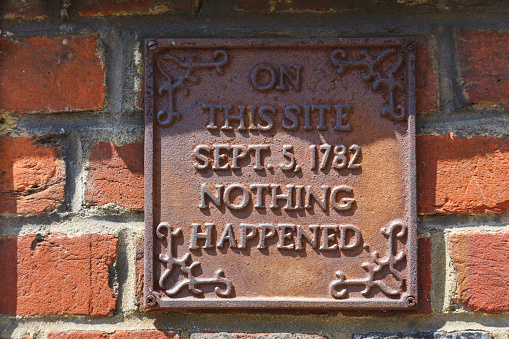 Rye, England - June 13, 2023: Ancient Plate says; 'On this site sept.5, 1782 nothing happened', Rye, UK