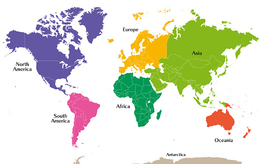 A world map color-coded by six states, with Russia divided into Asia and Europe by the Ural Mountains, and Panama divided into North and South America. English