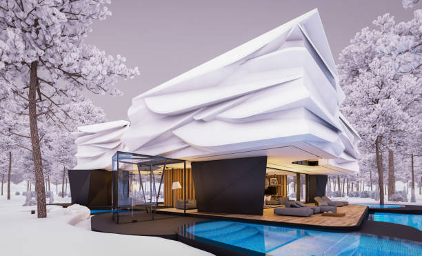 istock 3d rendering of modern house with bionic natural curves plastic forms in winter evening 1867024810