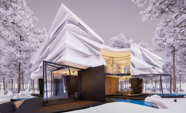 istock 3d rendering of modern house with bionic natural curves plastic forms in winter evening 1867024858