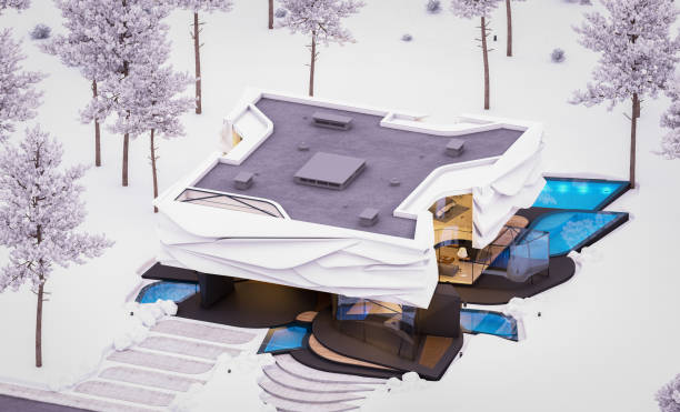 istock 3d rendering of modern house with bionic natural curves plastic forms in winter evening 1867025367