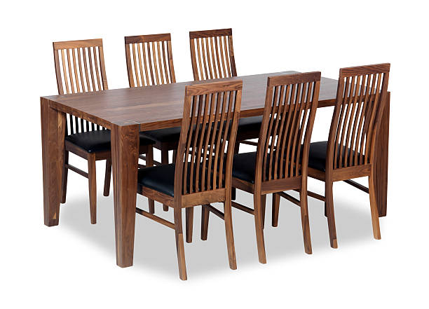 3D digital render of a dining table and chairs isolated on white background