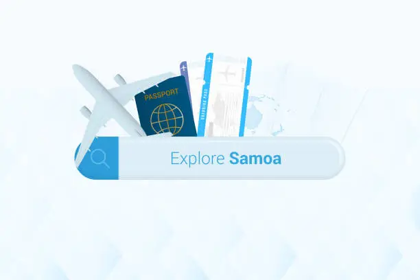 Vector illustration of Searching tickets to Samoa or travel destination in Samoa. Searching bar with airplane, passport, boarding pass, tickets and map.