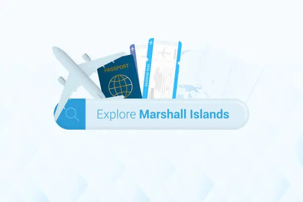 Vector illustration of Searching tickets to Marshall Islands or travel destination in Marshall Islands. Searching bar with airplane, passport, boarding pass, tickets and map.