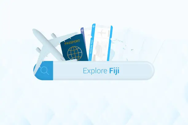 Vector illustration of Searching tickets to Fiji or travel destination in Fiji. Searching bar with airplane, passport, boarding pass, tickets and map.