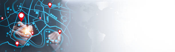 istock Man using Smartphone with virtual world and model map with location point, GPS app, icon Travel maps and find places in the online system, all screen graphics are generated, Searching for travel. 1867036326