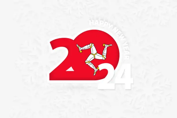 Vector illustration of New Year 2024 for Isle of Man on snowflake background.