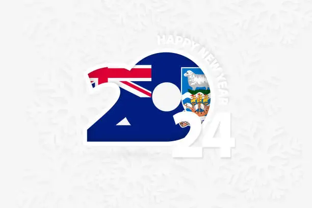 Vector illustration of New Year 2024 for Falkland Islands on snowflake background.
