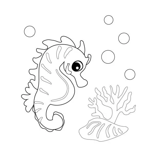 Vector illustration of Coloring book Seahorse with shells, bubbles and algae in the ocean. For posters, prints on clothes.