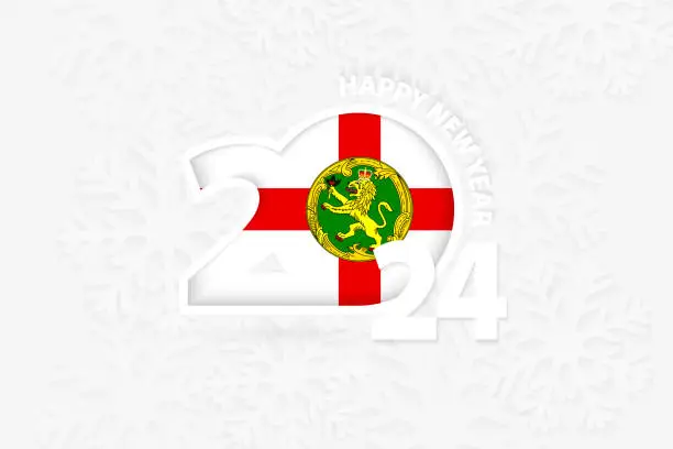 Vector illustration of New Year 2024 for Alderney on snowflake background.