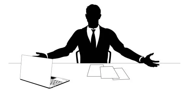 Vector illustration of Business Suit Man Silhouette at Work Desk
