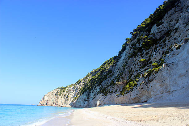 Big mountain wall of Egremni Beach - Lefkada Island (Greece) Amazing place! This mountains make the place more beatiful yet. This is one of the most beautiful beaches in the whole world. It is located at the Lefkada Island (Levkas). egremni beach lefkada island greece stock pictures, royalty-free photos & images