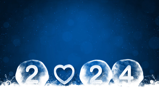 Horizontal dreamlike romantic and soft illustration of Xmas and New Year wallpaper in blue and white color. There is text 2 0 2 4. Can be used as Christmas, Happy New Year festive wallpapers, posters and banners template, gift wrapping paper sheet, banners, templates or greeting cards. There is no people and ample copy space.