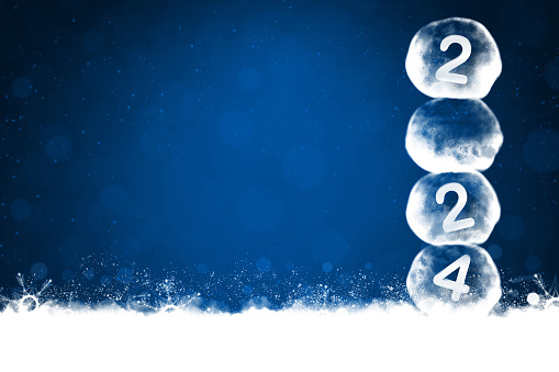 Horizontal dreamlike romantic and soft illustration of Xmas and New Year wallpaper in blue and white color. There is text 2 0 2 4. Can be used as Christmas, Happy New Year festive wallpapers, posters and banners template, gift wrapping paper sheet, banners, templates or greeting cards. There is no people and ample copy space.