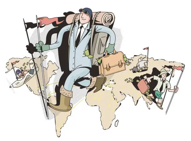 Vector illustration of explorer investors discover the world