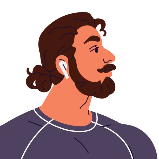 Modern mature man with long hair portrait side view. Bearded male user profile with neutral emotions on face. Calm guy avatar listening music with headset. Flat isolated vector illustration on white Modern mature man with long hair portrait side view. Bearded male user profile with neutral emotions on face. Calm guy avatar listening music with headset. Flat isolated vector illustration on white. long beard stock illustrations