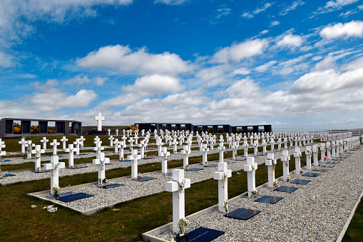 Fish Creek, Darwin, East Falkland, Falkland Islands (Islas Malvinas): Argentine Military Cemetery - Holds the remains of 236 Argentine combatants killed during the 1982 Falklands War - Each grave is marked by a white wooden cross with the name of the soldier on it, if known, or Soldado Argentino Solo Conocido Por Dios (\