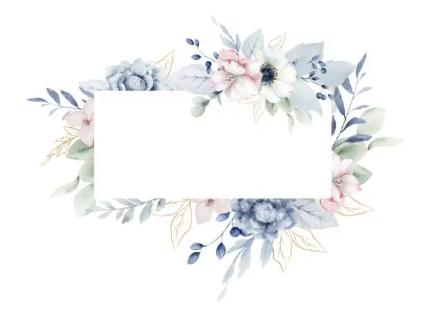 Vector illustration of Watercolor vector dusty blue flower frame, delicate clipart with the image of winter flowers. Perfect for wedding invitation, save the date, printable, home decor, mothers day, birthday. Hand painted  illustration.