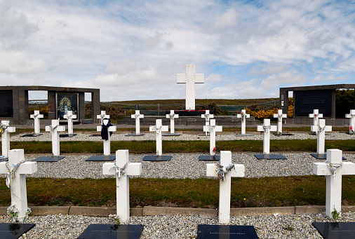 Fish Creek, Darwin, East Falkland, Falkland Islands (Islas Malvinas): Argentine Military Cemetery - Holds the remains of 236 Argentine combatants killed during the 1982 Falklands War - Each grave is marked by a white wooden cross with the name of the soldier on it, if known, or Soldado Argentino Solo Conocido Por Dios (\