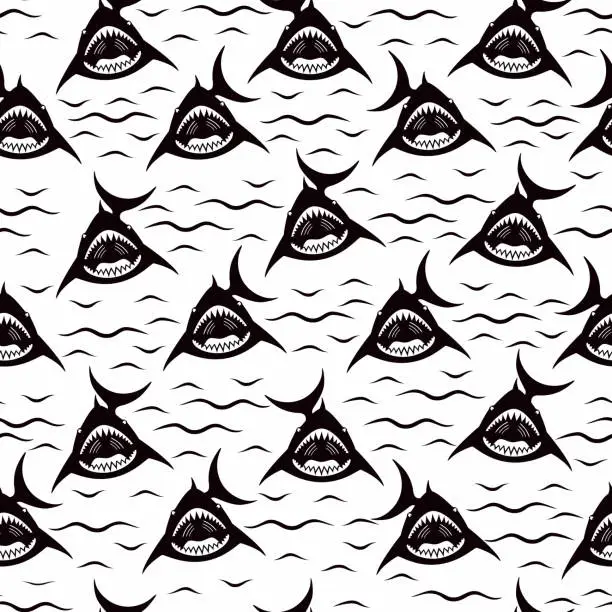 Vector illustration of Toothy fish shark on a white background, seamless pattern for textile print cover fabric, decoration packaging design. Marine pattern childrens flat illustration