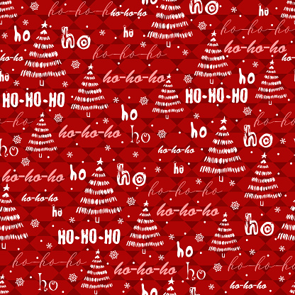 Seamless texture with Christmas tree, snowflakes and text ho ho ho ho pattern. Santa Claus laugh. Vector christmas background.