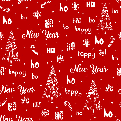 Hohoho seamless patterns, Santa Claus is laughing. Seamless texture for christmas design. Vector white, background red handwritten words ho, christmas tree and snowflakes.