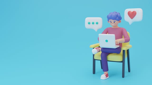 Young smiling man working on a laptop computer. Content filling, content management and social media concept. 3d young man sitting on a chair with PC. Cartoon minimal style. 3D looping animation movie