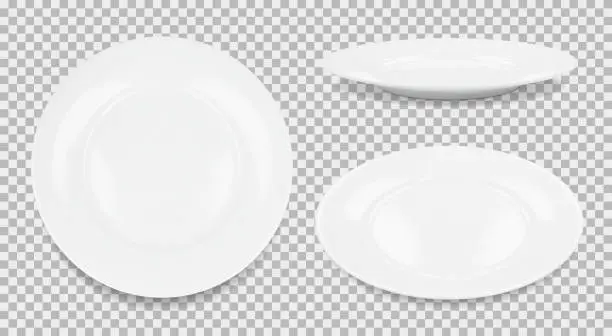 Vector illustration of Set of 3 white round empty plates, side view iand top view