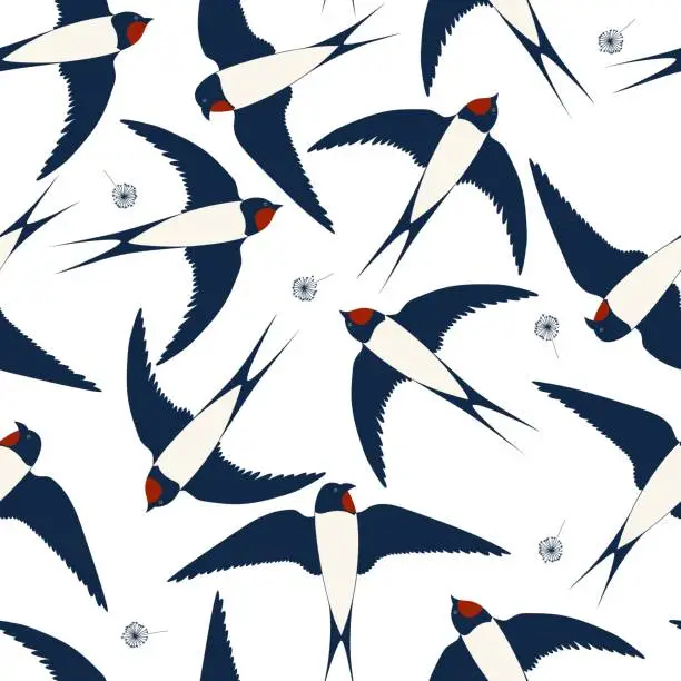 Vector illustration of Seamless pattern with flying swallows with dandelion. Cute print for fabric.