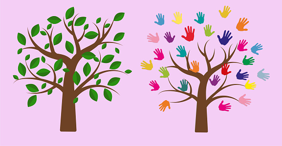 two trees with green leaves and multi-colored hands on a light background. family concept