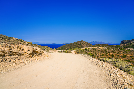 View of the landscape and the Mediterranean Sea from a mountain on the Greek island of Kos.