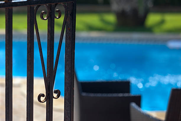 Perspective Perspective from the terrace of a summer house from the gate playing with the background blur. pool gate stock pictures, royalty-free photos & images