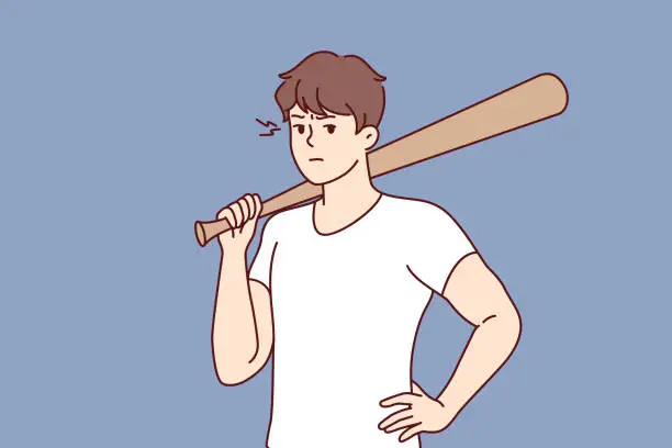 Vector illustration of Hooligan guy with baseball bat in hand stands with hand on belt and threatens to beat up passerby