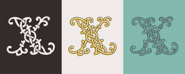Celtic X monograms set. Insular style initial with authentic knots and interwoven cords. British, Irish, or Saxons overlapping monogram. Medieval font for tattoo, St. Patrick day logo, and sportswear. celtic letter x stock illustrations