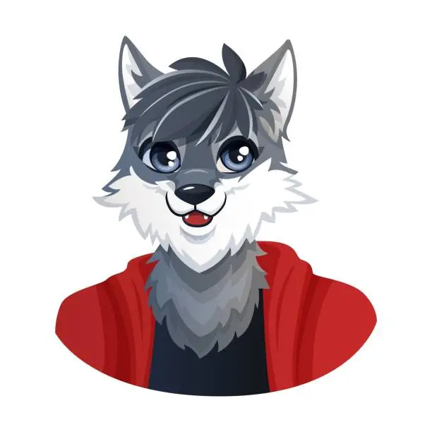 Vector illustration of Portrait of a cute cartoon anthropomorphic wolf boy, a furry character.