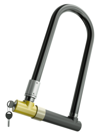 Bicycle lock, also called U-lock or D-lock, isolated on a white background. 3D rendered illustration.