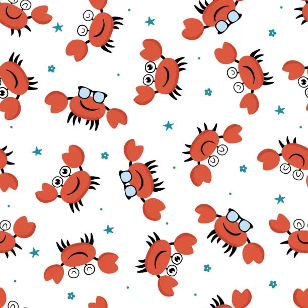 Vector illustration of Seamless pattern with funny smiling crab and stars.