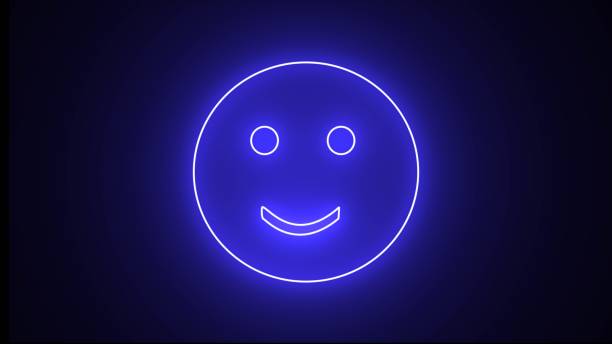 Neon smiley fun face icon. neon icon for mood feedback. Blue happy glowing light emotion smile isolated on black.