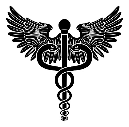 A caduceus, often used as a doctor medical symbol interchangeably with the Rod of Asclepius or Aesculapius. Features two snakes curled around a staff with wings.
