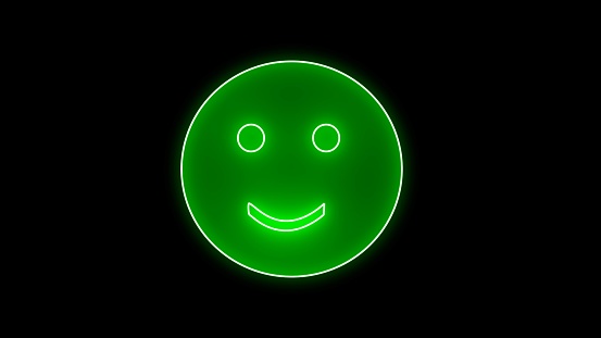 Neon smiley funny face icon. Neon icon for mood response. Green color happy glowing light emotion smile isolated on black.
