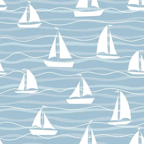 Vector illustration of Seamless pattern with boats. Sailboats on the waves.