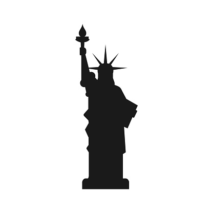 Statue of Liberty American democracy and freedom black silhouette icon vector flat illustration. America monument symbol of independence and patriotic USA famous tower with torch and crown logo
