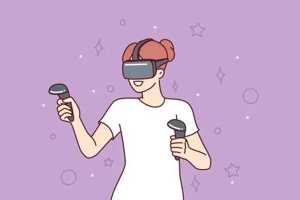 Vector illustration of Woman with VR headset on head uses joystick playing metaverse simulator with augmented reality