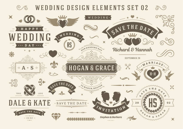 Vintage wedding and valentines day decorative ornament design elements set vector illustration Vintage wedding and valentines day decorative ornament design elements set vector illustration. Save the date labels and badges, calligraphic swirls invitations, flourishes ornate vignettes frames. save the date font stock illustrations