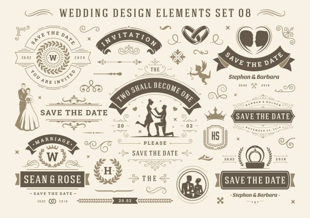 Vintage wedding and valentines day decorative ornament design elements set vector illustration Vintage wedding and valentines day decorative ornament design elements set vector illustration. Save the date labels and badges, calligraphic swirls invitations, flourishes ornate vignettes frames. save the date font stock illustrations