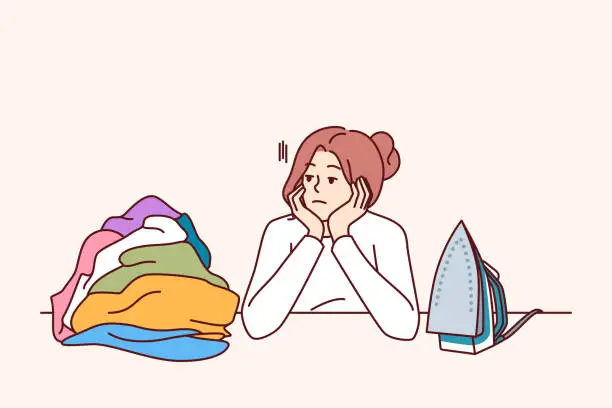 Vector illustration of Pensive woman housewife sits near ironing board and iron, reflecting on lack of personal development