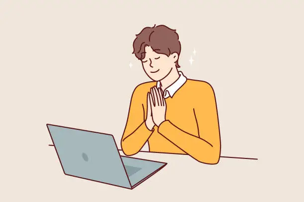 Vector illustration of Man prays sitting in front laptop and watching broadcast religious event from catholic church